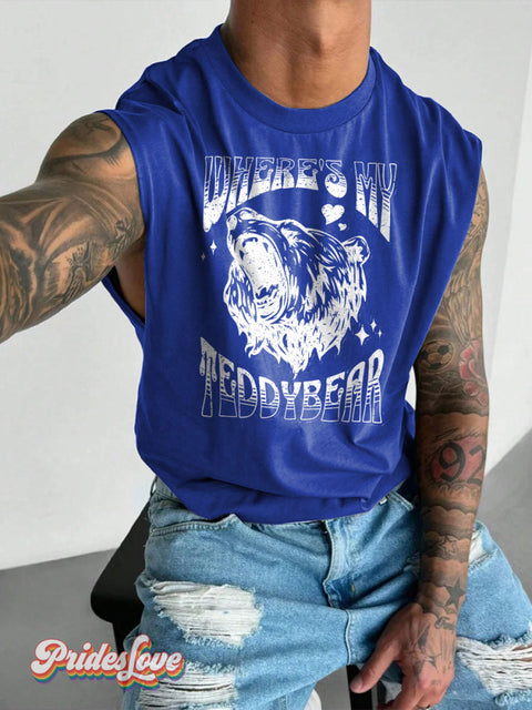 Men’s LGBT Where’s My Teddybear Casual Print Wide Shoulder Vest Blue / S