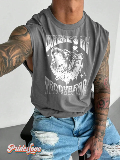 Men’s LGBT Where’s My Teddybear Casual Print Wide Shoulder Vest Grey / S