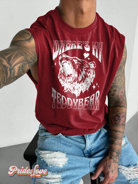 Men’s LGBT Where’s My Teddybear Casual Print Wide Shoulder Vest Maroon / S