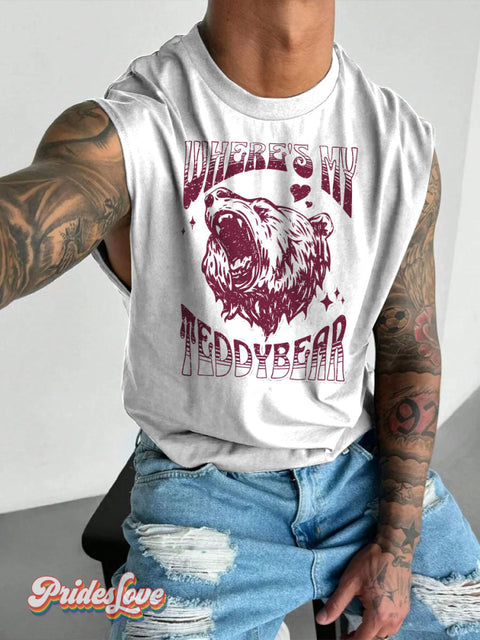 Men’s LGBT Where’s My Teddybear Casual Print Wide Shoulder Vest White / S