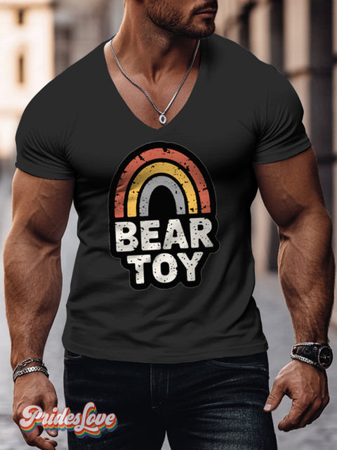 Men’s Lgbtq Gay Bear Toy Rainbow Pride Print V-Neck T-Shirt Black / S