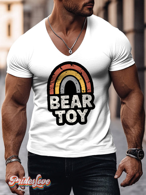Men’s Lgbtq Gay Bear Toy Rainbow Pride Print V-Neck T-Shirt White / S