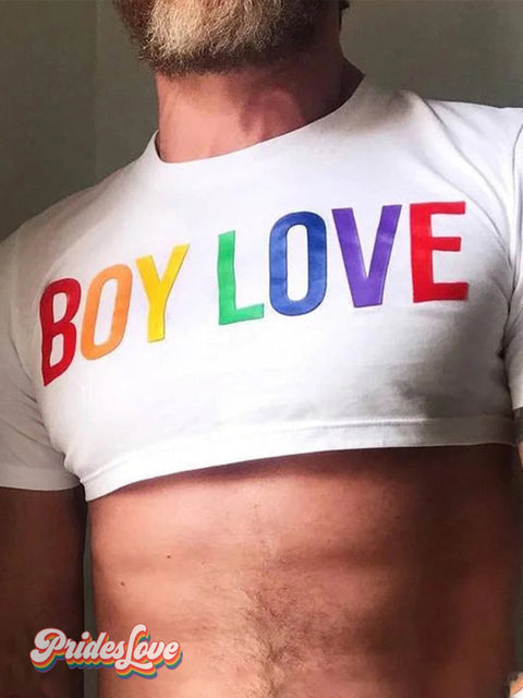 Men’s LGBTQ Gay Boy Love Print Ultra-short Waist T-shirt White / S