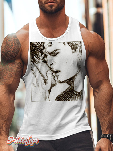 Men’s Lgbtq Gay Pride Boy Kiss Print Casual Tank Top White / S