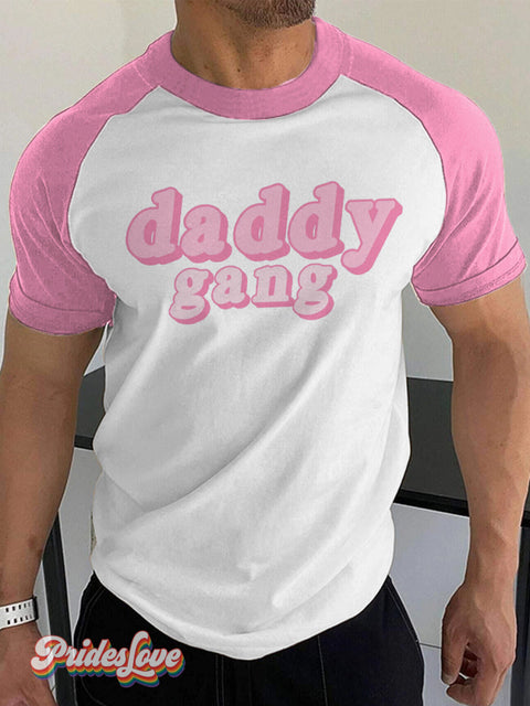 Men’s LGBTQ Gay Pride Daddy Gang Art Print Raglan Sleeves Shirt Pink / S