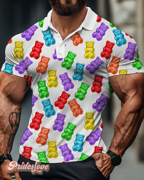 Men’s Lgbtq Gay Pride Rainbow Bear Candy Art Print Polo Shirt Multicolor / S