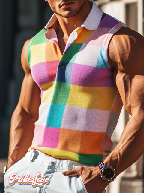 Men’s Lgbtq Gay Pride Rainbow Check Print Sleeveless Button-Up Polo Shirt Multicolor / S