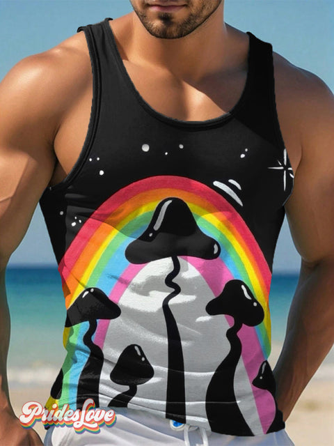 Men’s LGBTQ Gay Pride Rainbow Mushroom Art Print Tank Top Multicolor / S