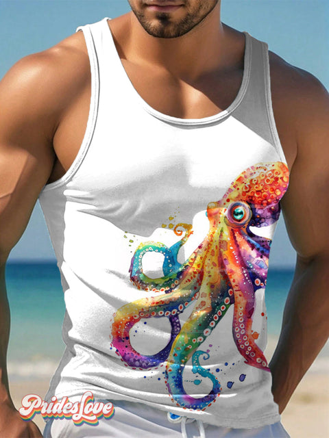 Men’s LGBTQ Gay Pride Rainbow Octopus Art Print Tank Top Multicolor / S