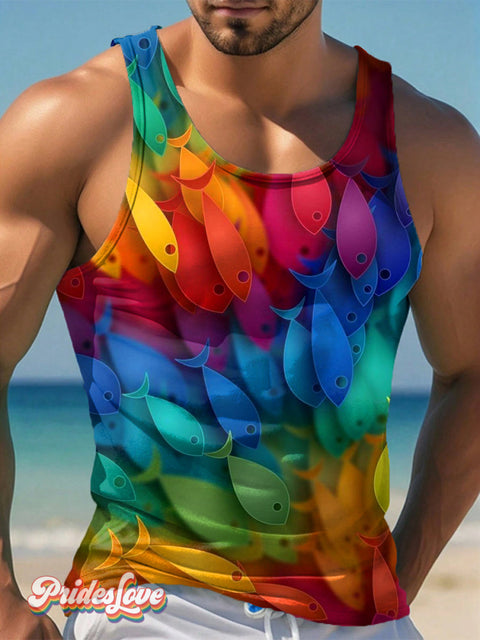 Men’s LGBTQ Gay Pride Rainbow Small Fish Art Print Tank Top Multicolor / S