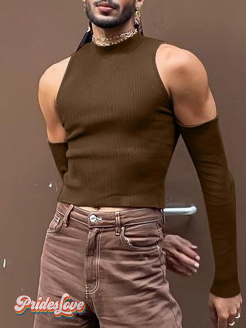 Men’s Off Shoulder Long Sleeved Casual T-Shirt Khaki / M