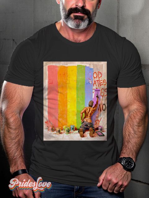 Men’s Pride Mural Art Rainbow Casual Print T-Shirt