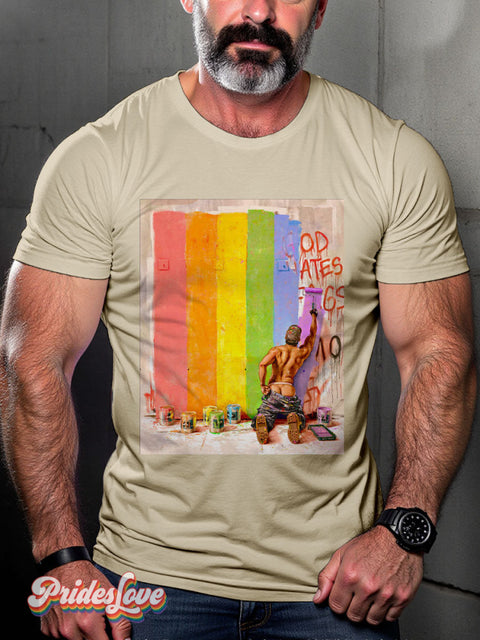 Men’s Pride Mural Art Rainbow Casual Print T-Shirt