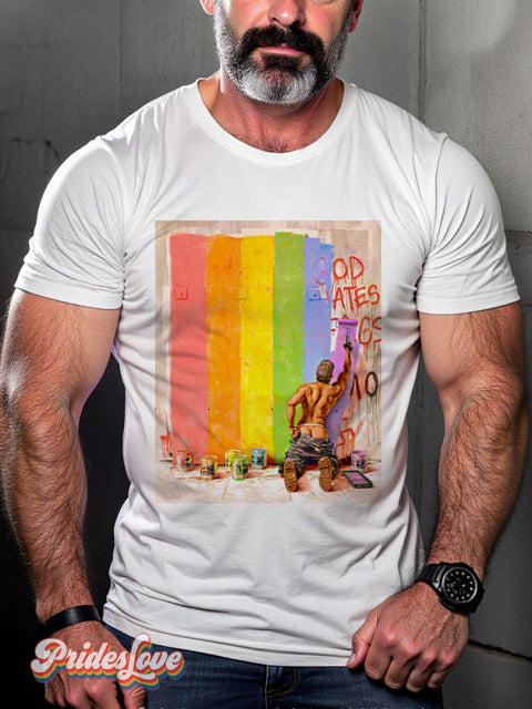 Men’s Pride Mural Art Rainbow Casual Print T-Shirt