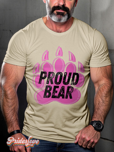 Men’s Proud Bear Pink Pride LGBT Gay Pride Art Casual Print T-shirt Sand / S