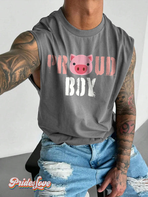 Men’s Proud Pig Boy LGBT Gay Pride Art Wide Shoulder Vest Grey / S