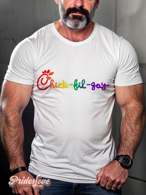 Men’s Rainbow Chick-Fil-Gay Pride Casual Print T-Shirt White / S