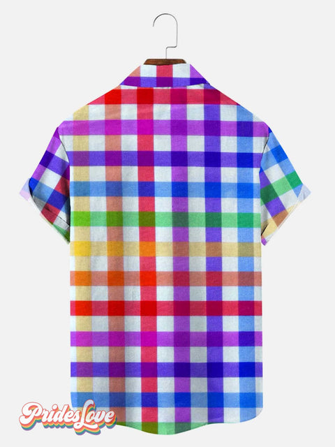 Men’s Rainbow Plaid Print Casual Breathable Short Sleeve Hawaiian Shirt
