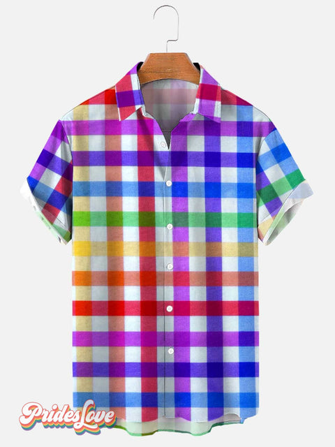 Men’s Rainbow Plaid Print Casual Breathable Short Sleeve Hawaiian Shirt Color / S
