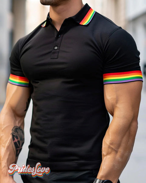 Men’s Rainbow Stripe Black Gay Polo Shirt Colorful / S