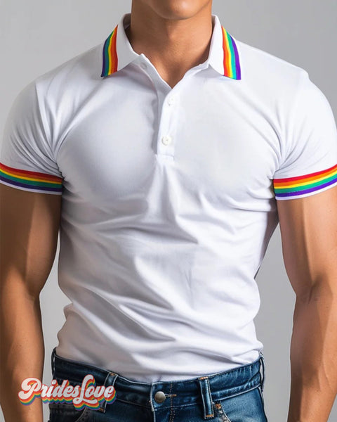 Men’s Rainbow Stripe White Gay Polo Shirt Colorful / S