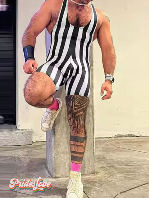 Men’s Rainbow Striped Patchwork Sleeveless U-Neck Singlet Romper