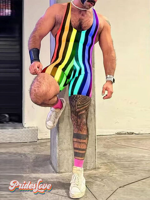 Men’s Rainbow Striped Patchwork Sleeveless U-Neck Singlet Romper Black / S