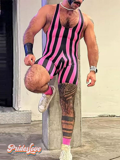 Men’s Rainbow Striped Patchwork Sleeveless U-Neck Singlet Romper Pink / S