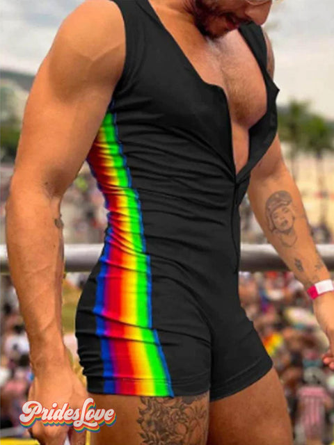 Men’s Rainbow Striped Patchwork Zipper Stretchy Bodycon Romper Black / M