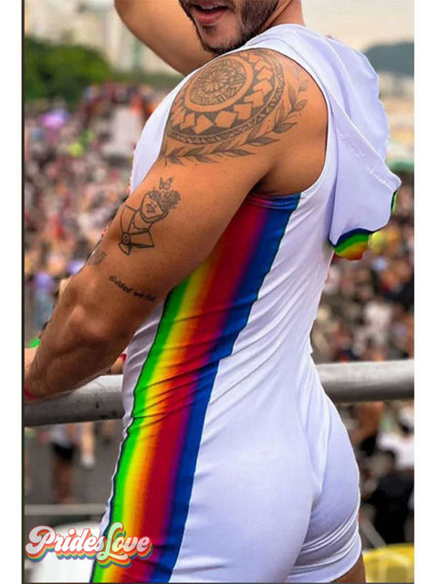 Men’s Rainbow Striped Patchwork Zipper Stretchy Bodycon Romper White / M