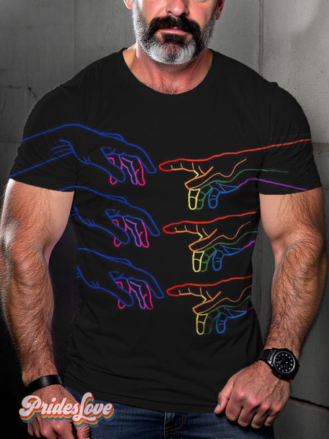 Men’s Retro Arm Fingers Touching Rainbow Lines Lgbt Printed Casual T-Shirt Multicolor / S