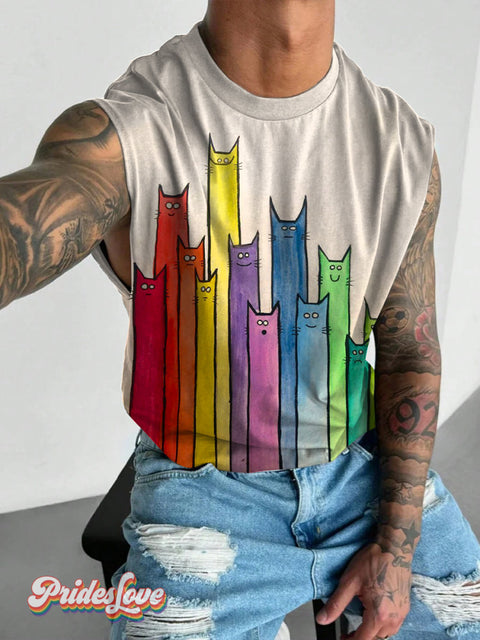 Men’s Retro Art Multicolor Rainbow Cat Wide Shoulder Vest / S