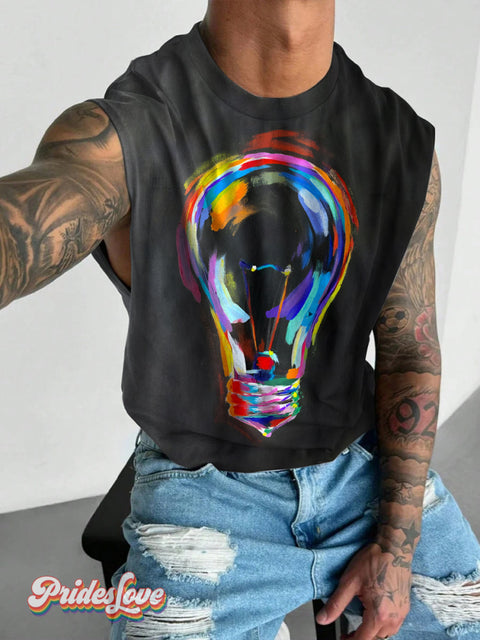 Men’s Retro Art Multicolor Rainbow Light Bulb Wide Shoulder Vest / S