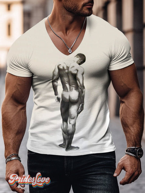 Men’s Retro Back To Muscle Line Gay Lgbt Print V Neck T-Shirt Colorful / S