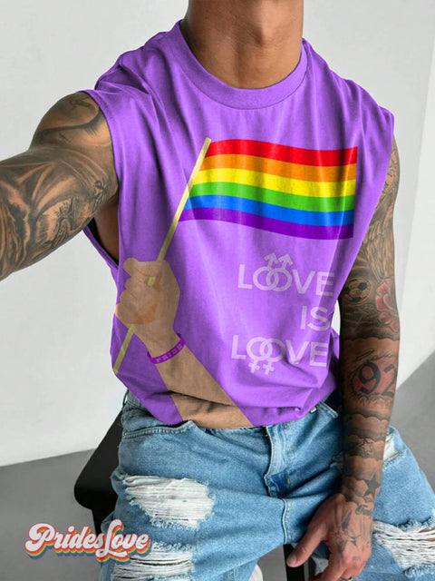 Men’s Retro Bright Rainbow Flag Slogan LGBT Print Wide Shoulder Vest Multicolor / S