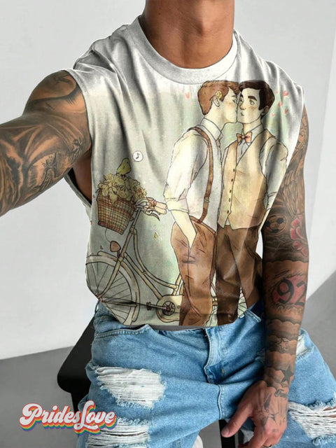 Men’s Retro British Character Kissing Bicycle LGBT Print Wide Shoulder Vest Multicolor / S
