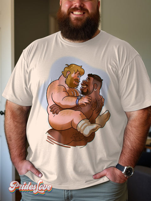 Men’s Retro Cartoon Cute Gay Embrace Lgbt Print T-Shirt Multicolor / S