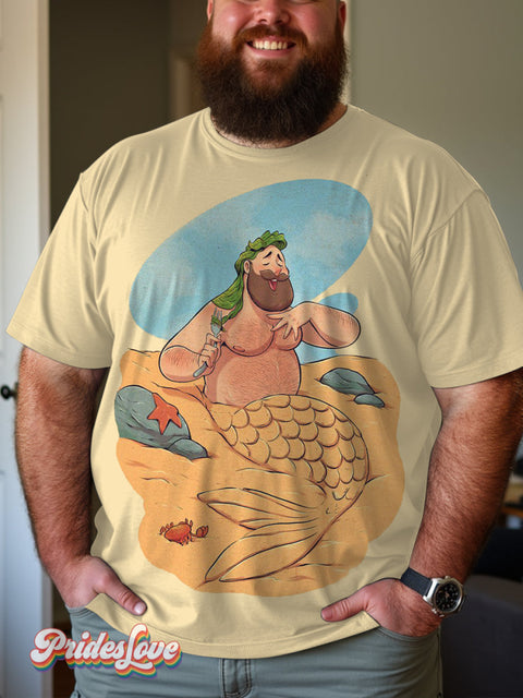 Men’s Retro Cartoon Men Mermaid Beach Bearded Fat Man Lgbt Printed Casual T-Shirt Multicolor / S