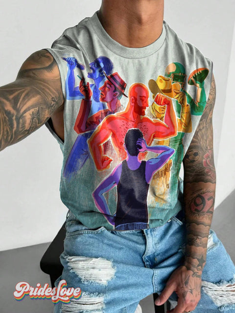Men’s Retro Character Rainbow Mixed Dye LGBT Print Wide Shoulder Vest Multicolor / S