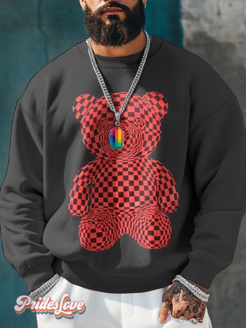 Men’s Retro Checkered Bear Texture 3D Lgbt Printed Casual Sweatshirt