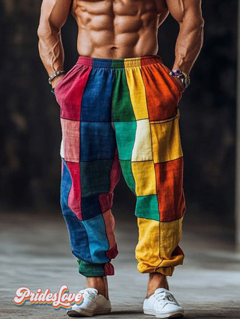 Men’s Retro Color Block LGBT Textured Print Casual Pants Multicolor / S
