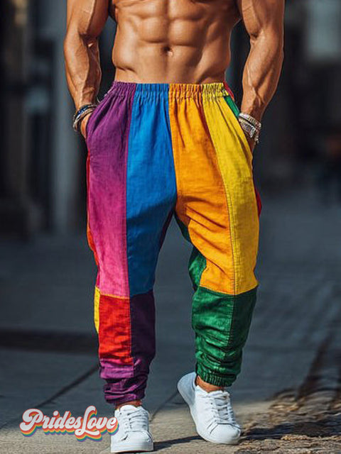 Men’s Retro Color Block LGBT Textured Print Casual Pants Multicolor / S