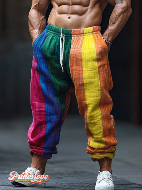 Men’s Retro Color Block LGBT Textured Print Casual Pants Multicolor / S
