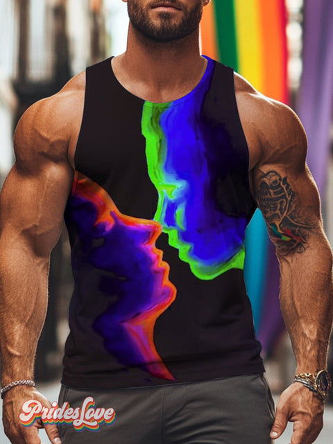 Men’s Retro Face Contour Kiss Color LGBT Print Casual Sleeveless Tank Top Multicolor / S