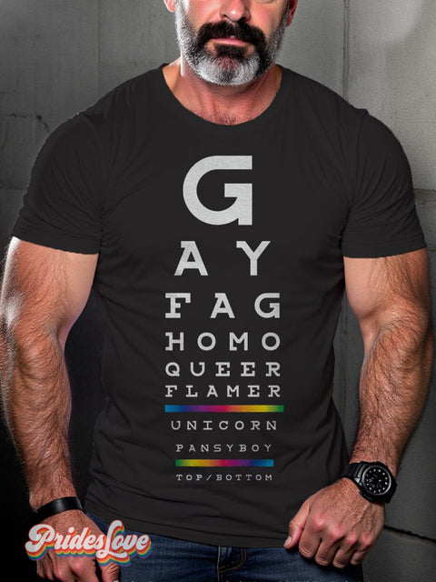 Men’s Retro Font Scattered Eye Chart Rainbow Stripe Lgbt Print T-Shirt Multicolor / S