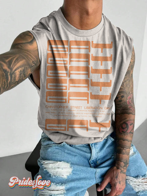 Men’s Retro Gay Art Design Font Slogan LGBT Print Wide Shoulder Vest Multicolor / S