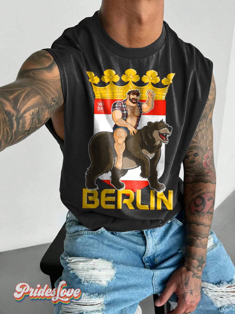 Men’s Retro Gay Bear Riding Crown Logo Slogan LGBT Printed Wide Shoulder Vest Multicolor / S