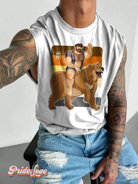 Men’s Retro Gay Bear Riding Striped LGBT Printed Wide Shoulder Vest Multicolor / S