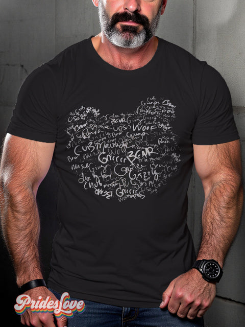 Men’s Retro Gay Bear Tribe Font Arrangement Outline Printed Casual 100% Cotton T-Shirt Multicolor