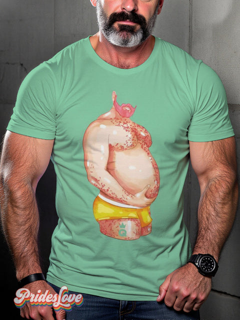 Men’s Retro Gay Beard Big Belly Body Hair Lgbt Printed Cotton T-Shirt Multicolor / S